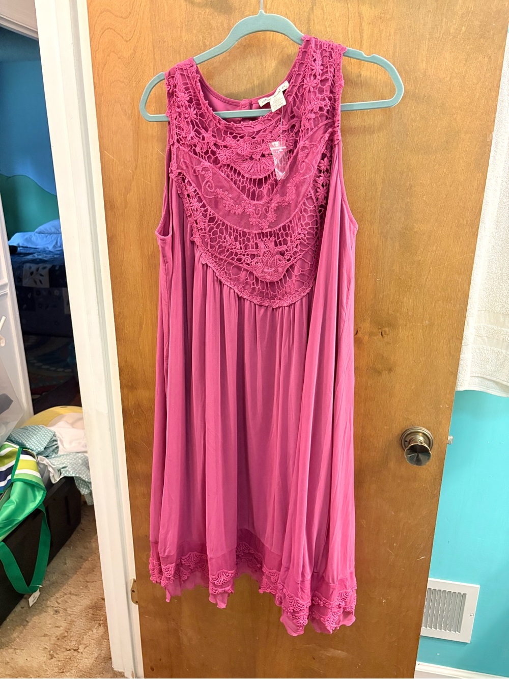 Sleeveless Crochet Yoke Swing Dress in Fuchsia